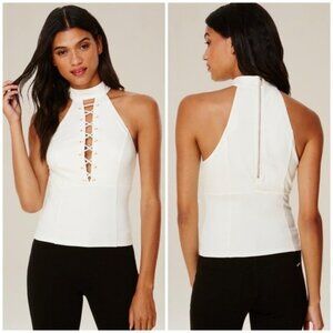 bebe Ivory White Lace-Up High Mock Neck Halter Top